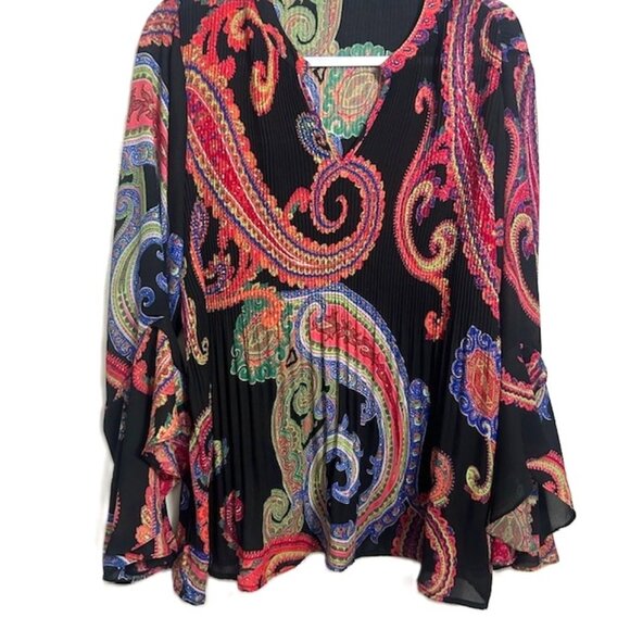 Ladies Blouse Large Black Multicolor Flared Sleeves Accordion Pleats read - Picture 1 of 8